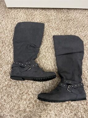 Women’s Tall Grey Studded Buckle Boots